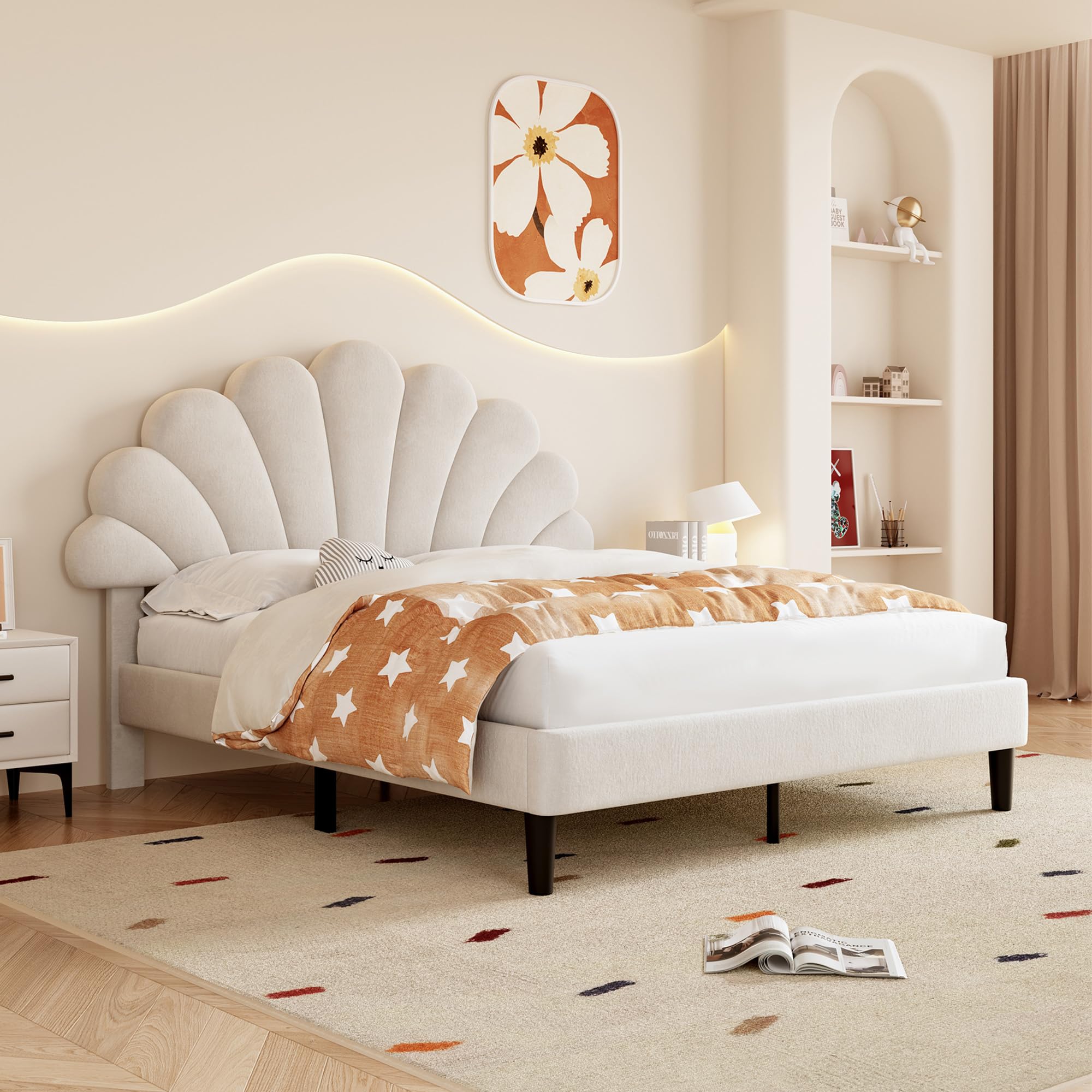Ball & Cast Double bed frame, 4ft6 Double Upholstered Bed, Adjustable Chic Petal Headboard, Sturdy Wooden Slat Support, Velvet Fabric (No Mattress)
