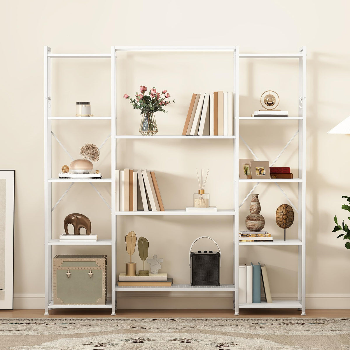 DWVO Industrial Standing Bookcase, Wooden Standing Shelf and Metal Frame, Display Shelf for Living Room with 13 Shelves, Home Office, Pure White