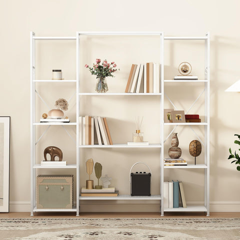 DWVO Industrial Standing Bookcase, Wooden Standing Shelf and Metal Frame, Display Shelf for Living Room with 13 Shelves, Home Office, Pure White