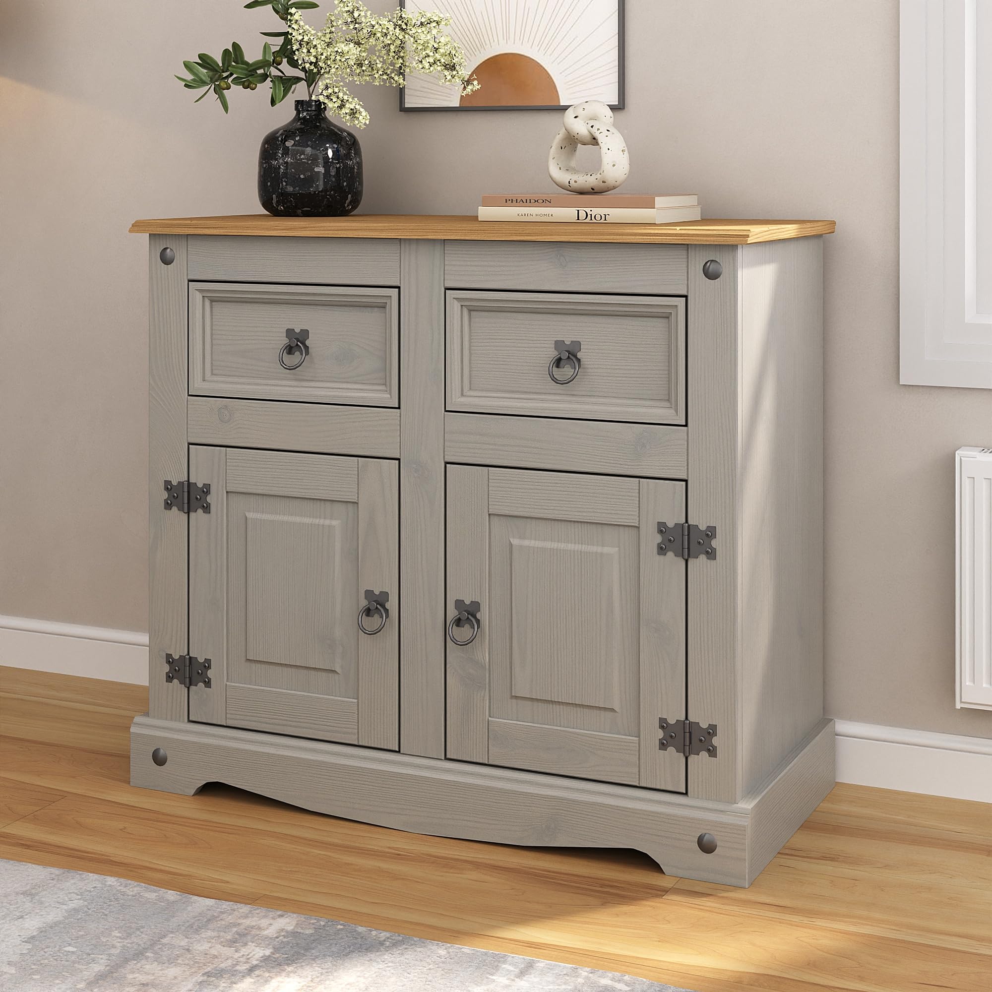 Corona Grey Sideboard 2 Door 2 Drawer Cupboard Mexican Solid Pine with Gunmetal Finish Hardware 76cm H x 87cm W x 40cm D