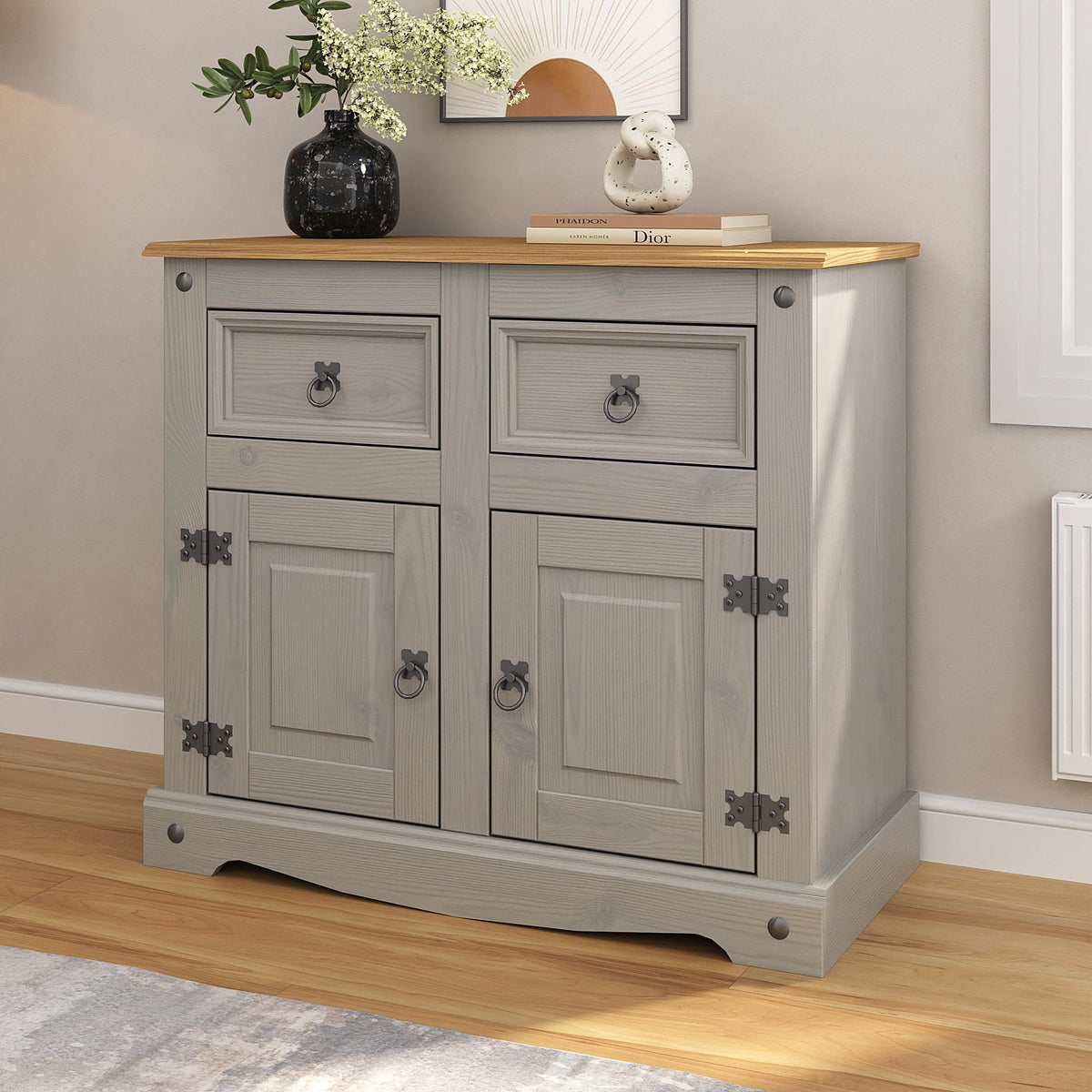 Corona Grey Sideboard 2 Door 2 Drawer Cupboard Mexican Solid Pine with Gunmetal Finish Hardware 76cm H x 87cm W x 40cm D