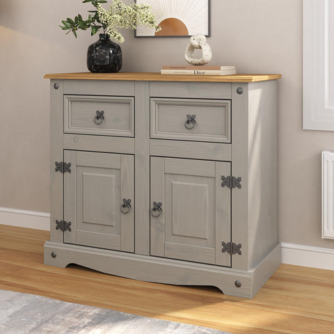Corona Grey Sideboard 2 Door 2 Drawer Cupboard Mexican Solid Pine with Gunmetal Finish Hardware 76cm H x 87cm W x 40cm D