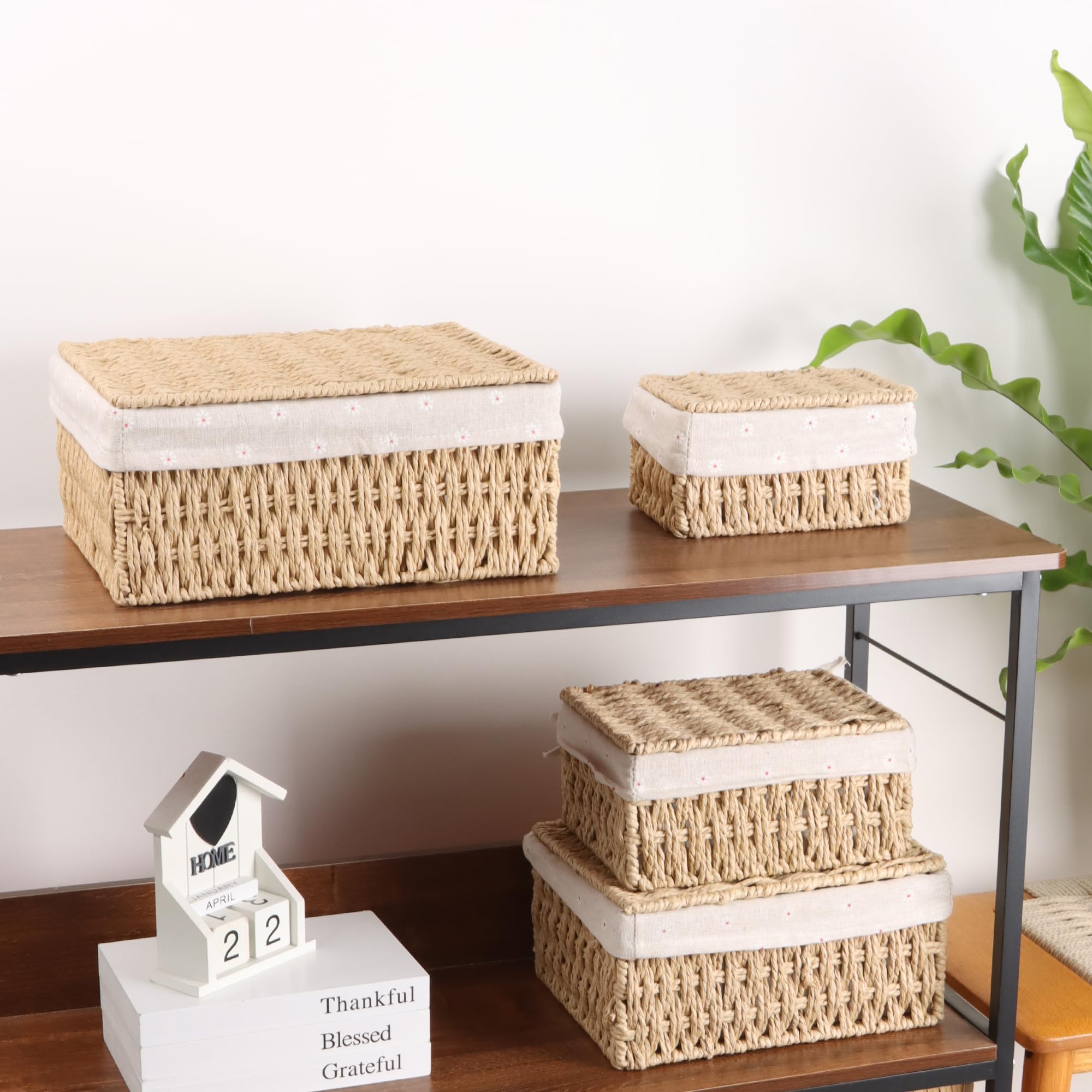 FEILANDUO Wicker Shelf Baskets Bin with Lid, Handwoven Paper Rope Baskets for Organizing, Rectangular Basket for Storage