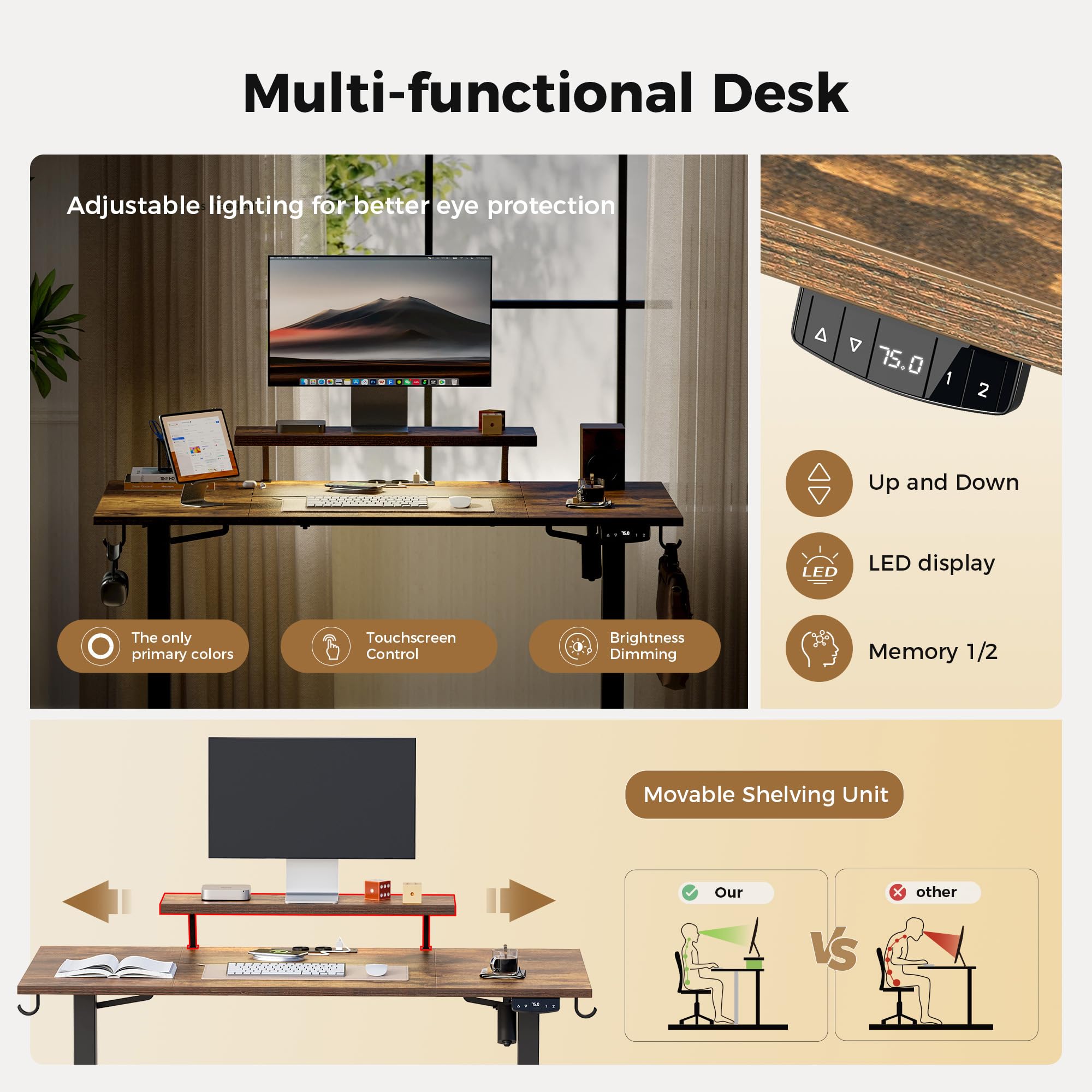 Agilestic Electric Standing Desk, Led & Plug, Movable Monitorstand, 160x80