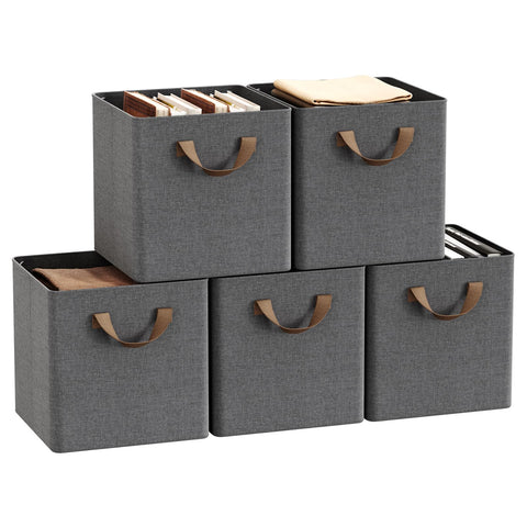 WOLTU Storage Boxes Set of 5, Storage Baskets, Folding Wardrobe Cube Boxes, with Handle and Metal Frame, for Living Room/Bedroom/Study, Linen