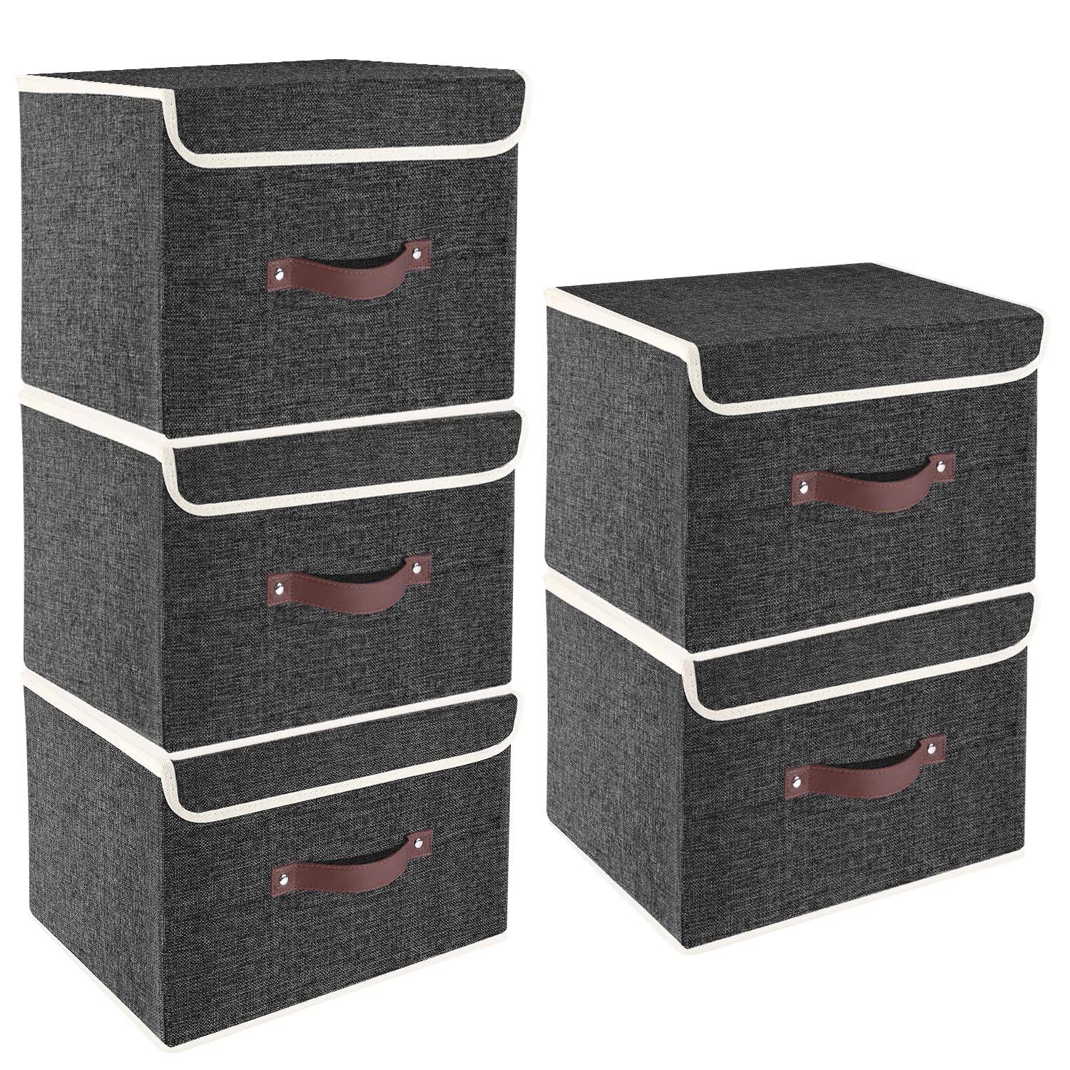 TYEERS Collapsible Storage Box with Lid, Fabric Storage Box for Clothes, Wardrobe Storage, 38x25x25 cm, Set of 5, Black