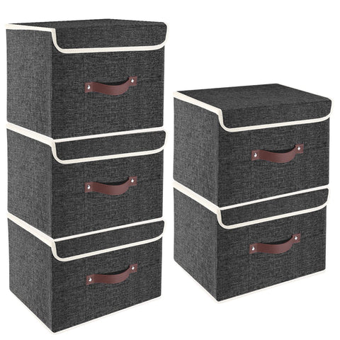 TYEERS Collapsible Storage Box with Lid, Fabric Storage Box for Clothes, Wardrobe Storage, 38x25x25 cm, Set of 5, Black