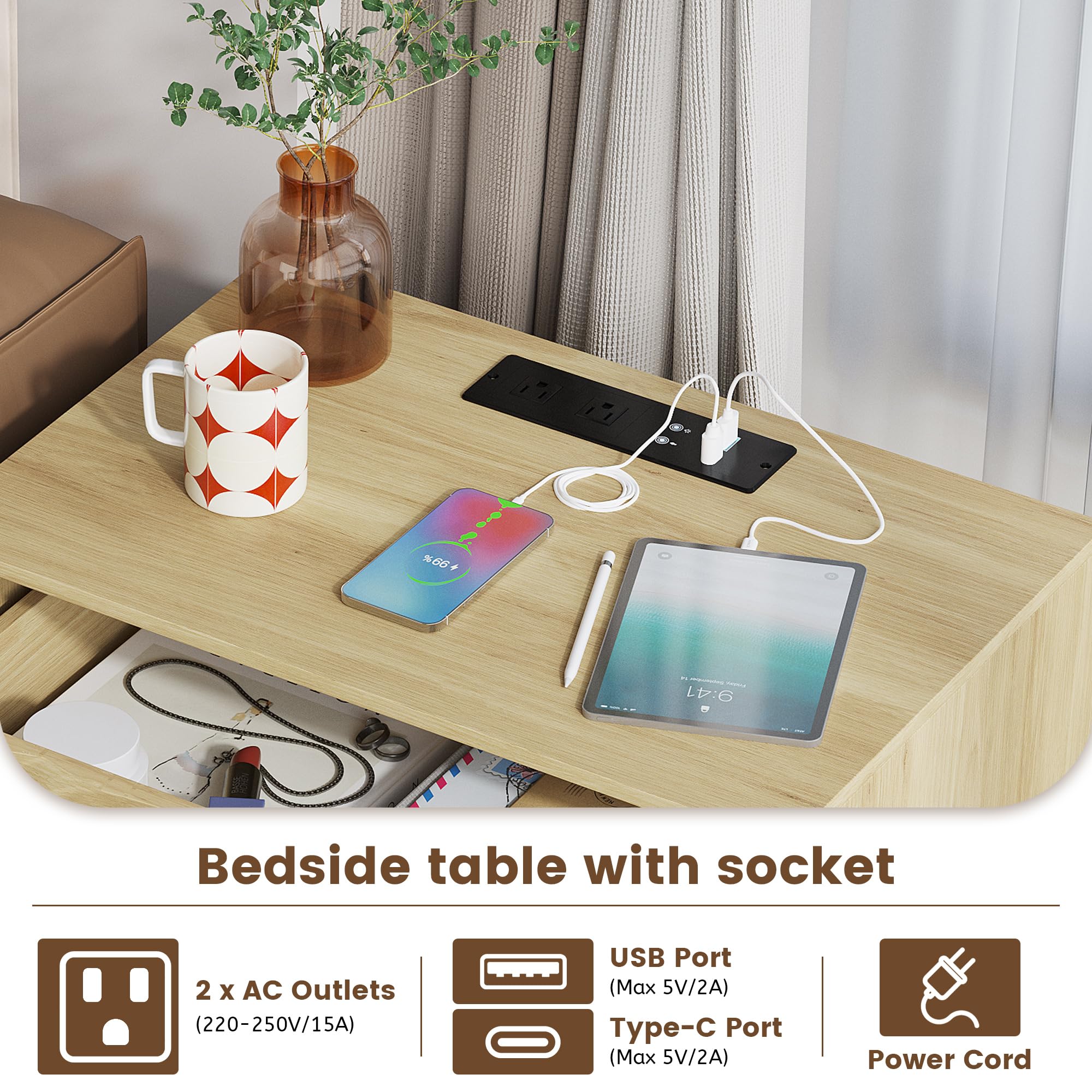 Ripple Led Bedside Table with Charging Station and Human Body Sensor,Nature