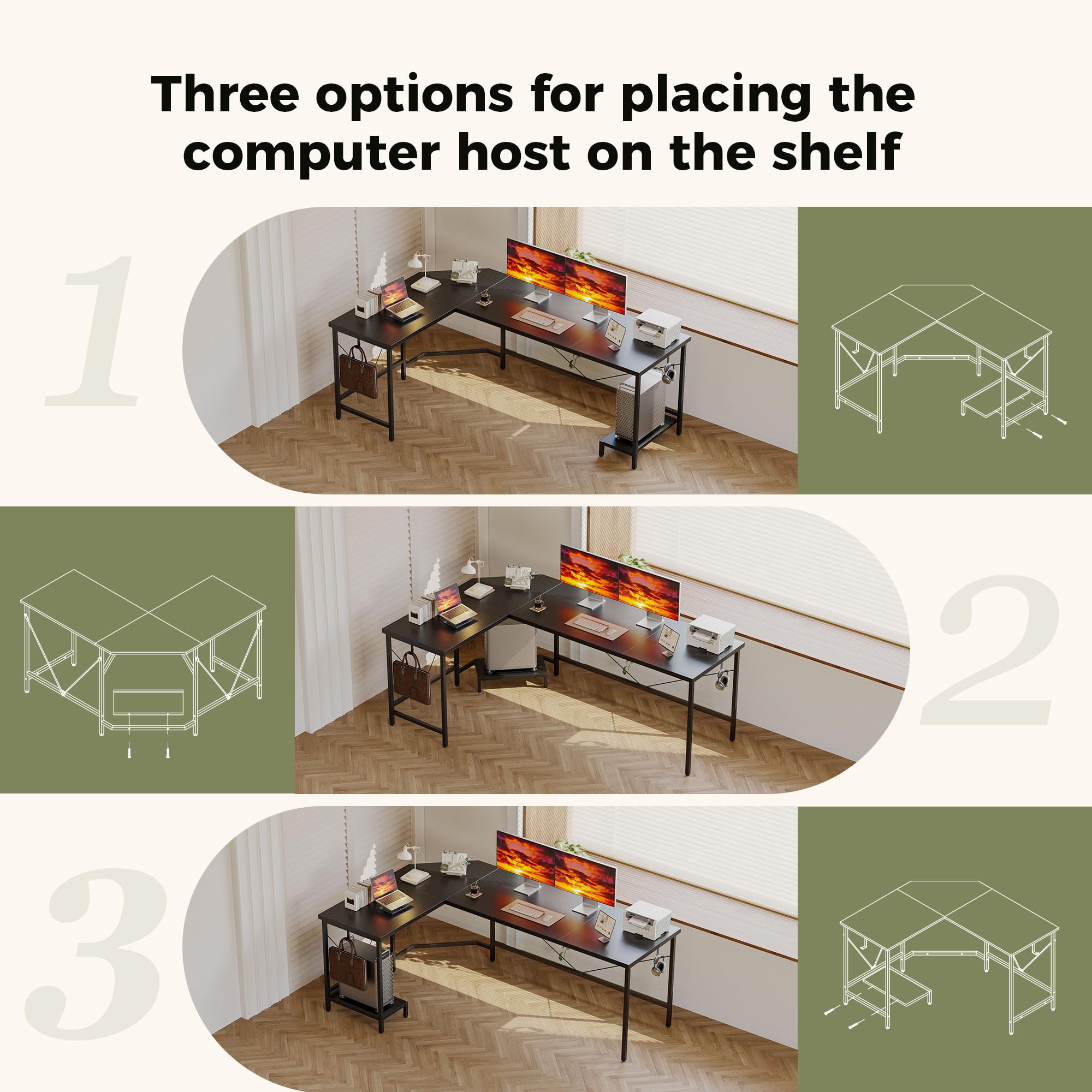 Mericonia L Shaped Desk, Diamond Design for Socket, 120x110cm, Black