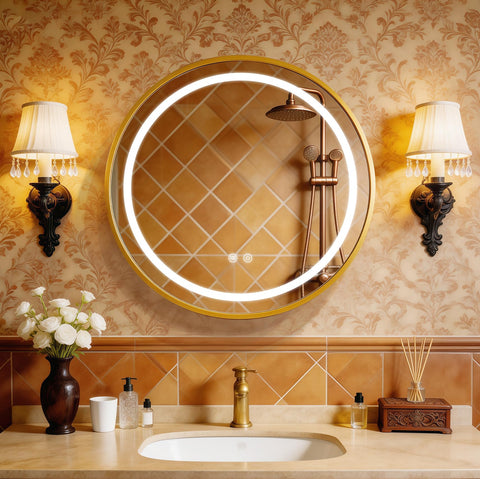 KAASUNES Round Mirror Cabinet with Light,Aluminum Framed,3 Colors Temperature&Dimmer,USB Shaver Socket,Defogger,66cm,Gold