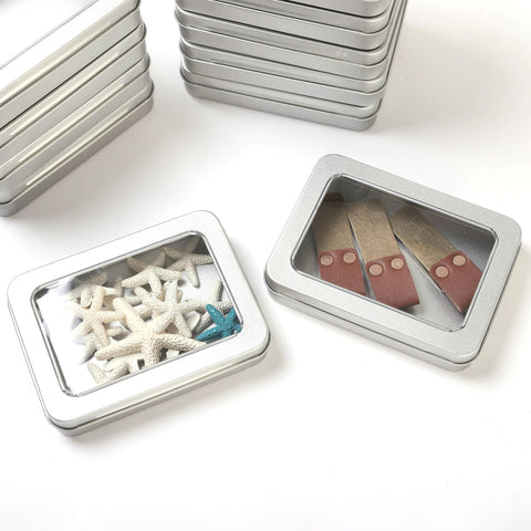 LJY Silver Window Hinged Metal Tins, 12 Pack, 4.5 x 3.3 x 0.9 in