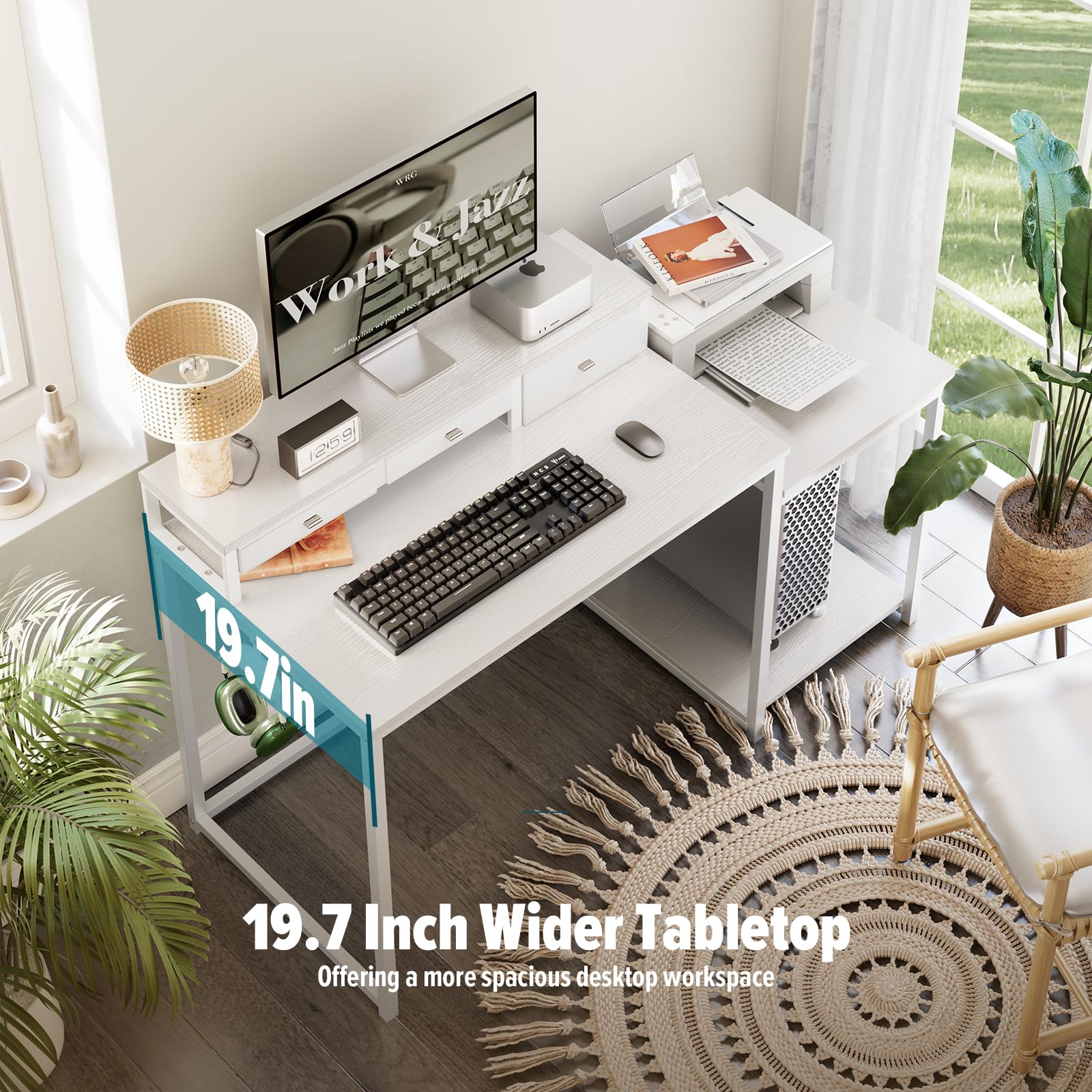 WOHOMO 120cm Computer Desk with 3 Drawers, Printer Shelf and Monitor Stand