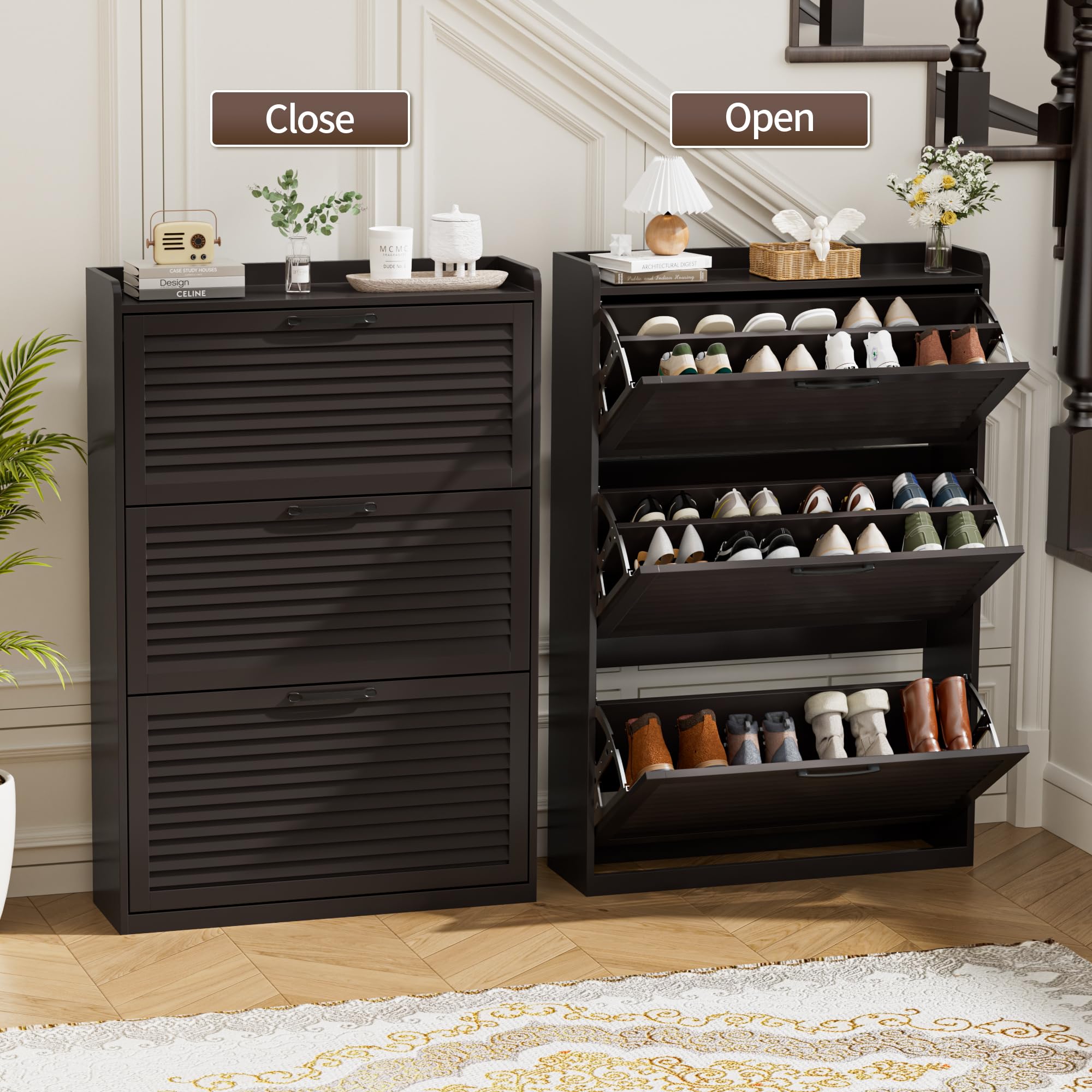 BonVache Shoe Storage with 3 Flip Louvered Doors, Narrow Wooden Shoe Cabinet (120x80x24cm) with Adjustable Shelves For Hallway, Entreway