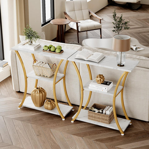 Trironsun Rustic Narrow Console Table with 3 Tiers, Slim Hallway Table with Curved Metal Frame and Open Shelves
