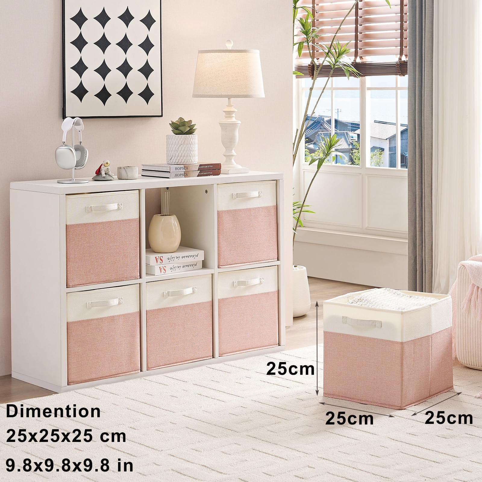 Mangata Cube Storage Boxes 25x25x25 cm, Fabric Storage Cube Baskets for Clothes Bins, Baskets, Chests,Toys (Pink/Cream White, 4Pcs)