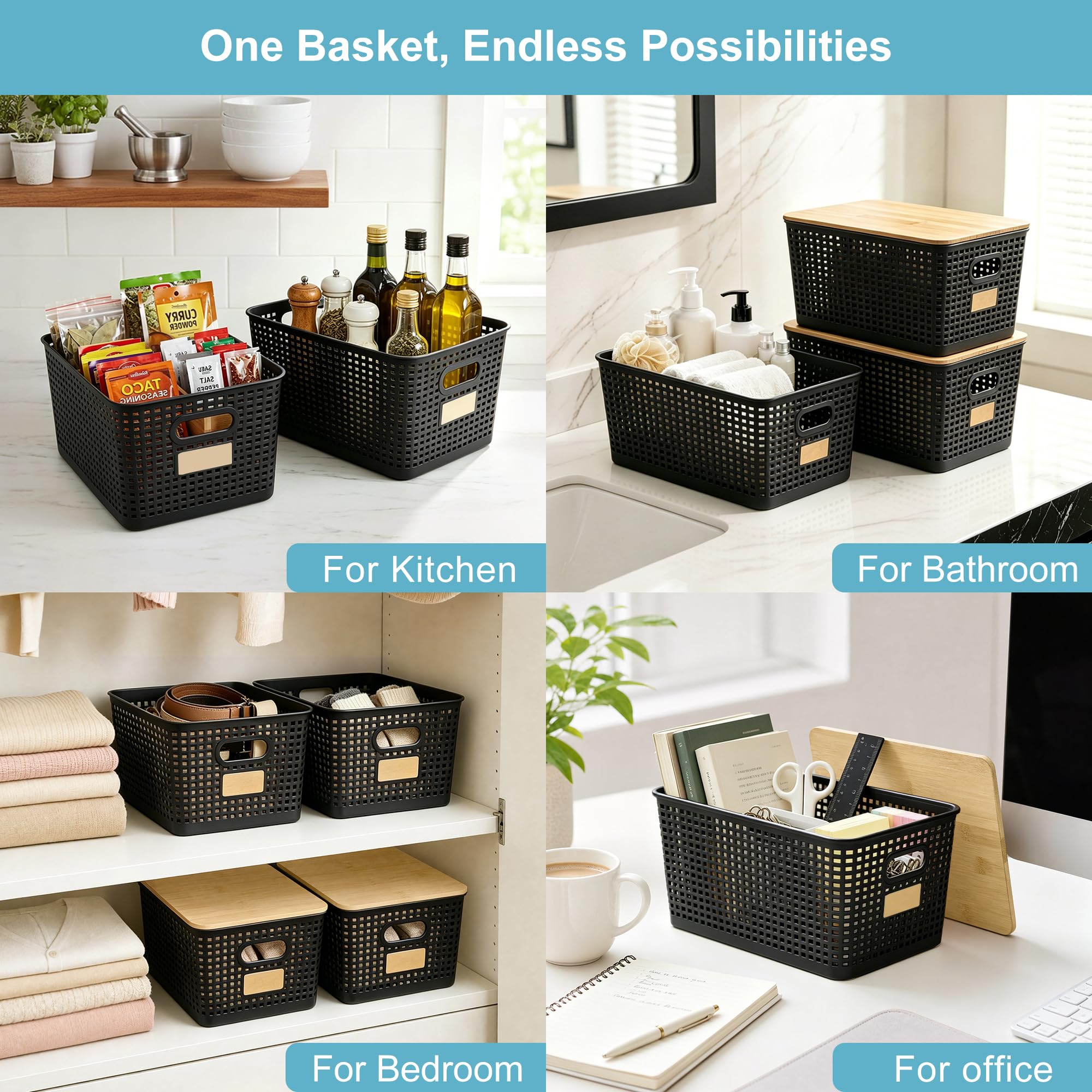 Bagnizer Tall Plastic Storage Bins with Bamboo Lids, 10.5qt, 2 Packs