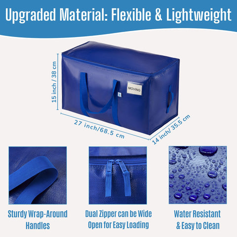 VENO 6 Pack Extra Large Moving Bags with Zippers & Carrying Handles, Heavy-Duty Storage Tote Moving Boxes for Space Saving (Blue-6 Pack)