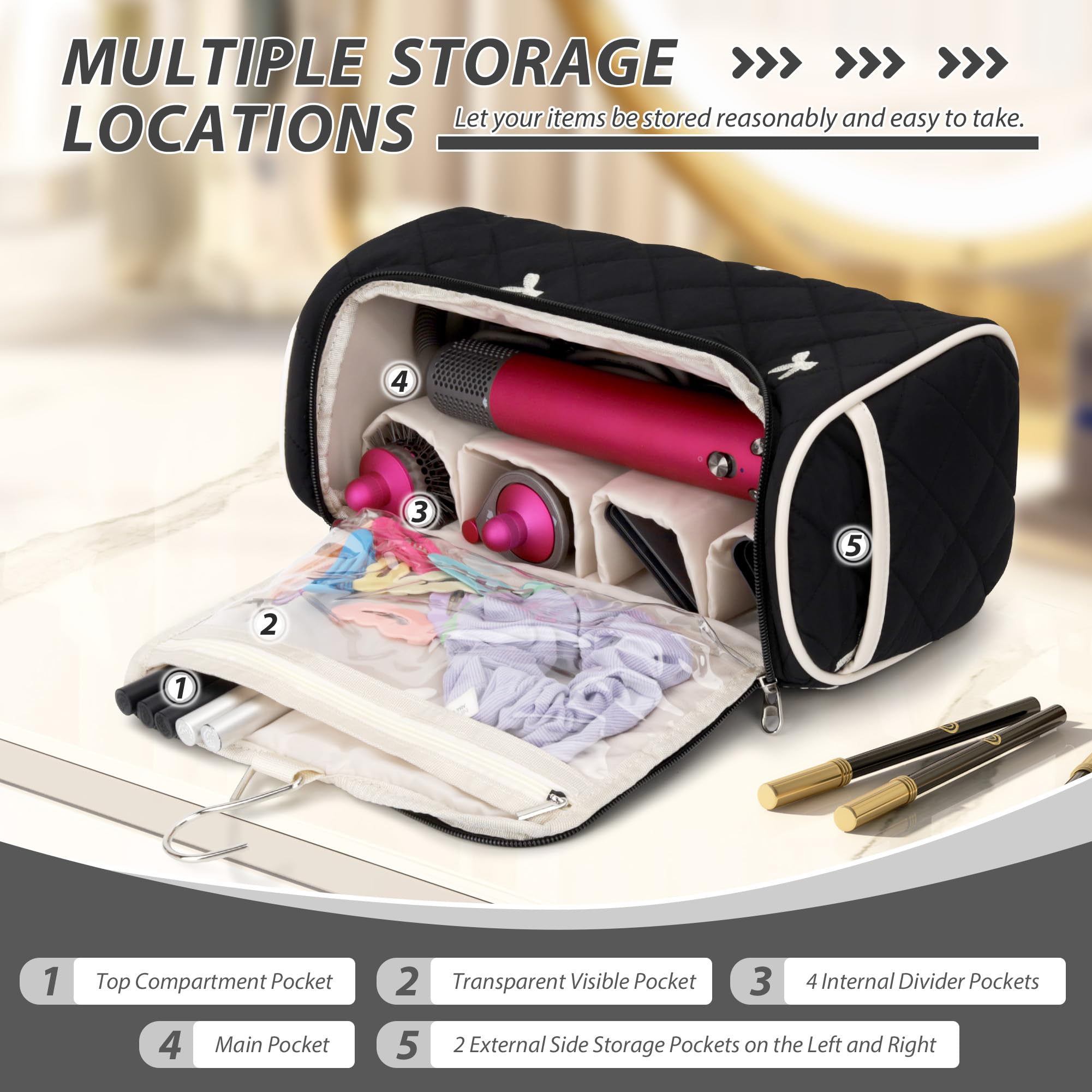 Linpr Travel Hair Dryer Bag with Hook for Dyson Airwrap Styler, Bow Black