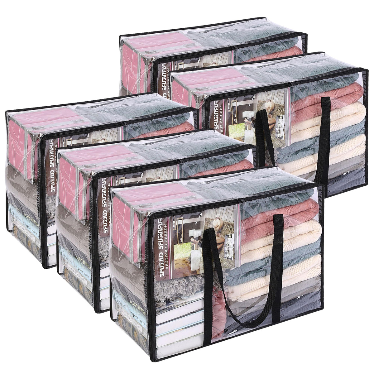 Vieshful 5 Pack Black Clear Clothes Storage Bag Organizer Reinforced Handle