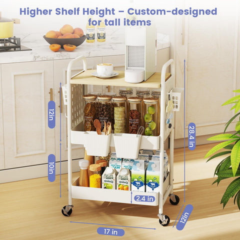 danpinera 3 Tier Rolling Cart, Metal Utility Cart with Wooden Table Top & DIY Pegboard, Rolling Carts