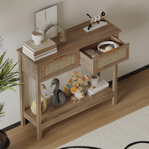 Trironsun Boho Rattan Console Table with 2 Drawers 2 Tier Entryway Table Farmhouse Wood Sofa Table with Open Storage Shelf for Living Room Hallway