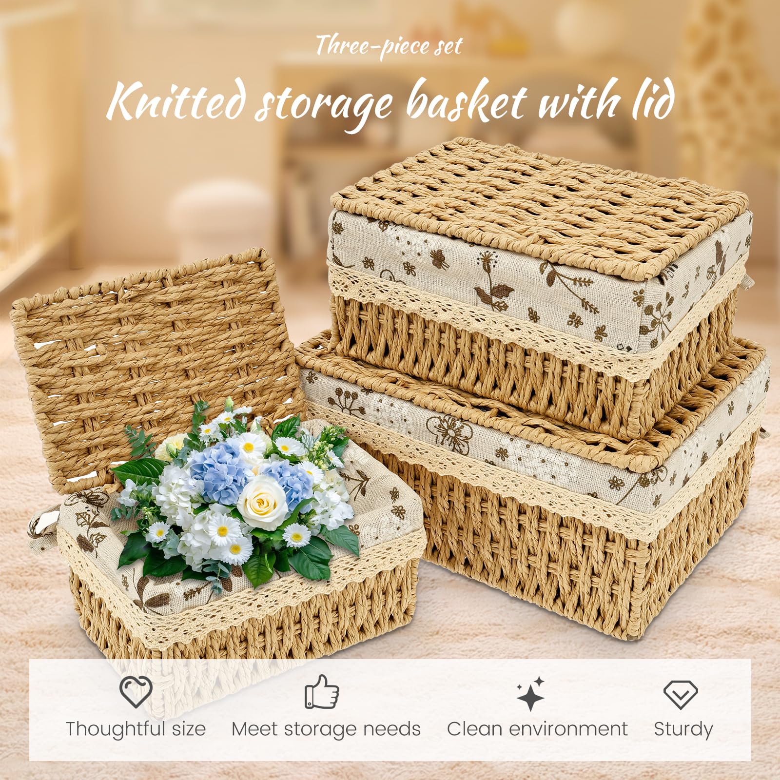 3Pcs Wicker Storage Basket with Lids Decorative Storage Boxes Handmade Wicker Hamper Box for Shelves Reusable Space-Saving Paper Rope Basket Bedroom
