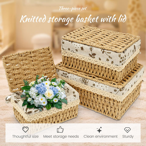 3Pcs Wicker Storage Basket with Lids Decorative Storage Boxes Handmade Wicker Hamper Box for Shelves Reusable Space-Saving Paper Rope Basket Bedroom