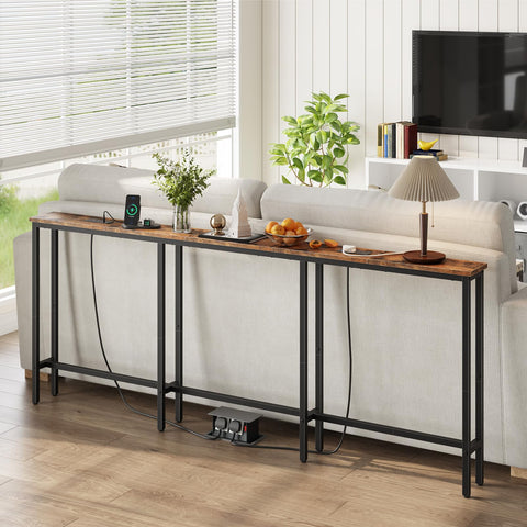 HOOBRO 200 cm Slim Console Table with 2 Charging Stations, Narrow Behind Sofa Table, Long Hallway Table with Adjustable Feet, for Hallway