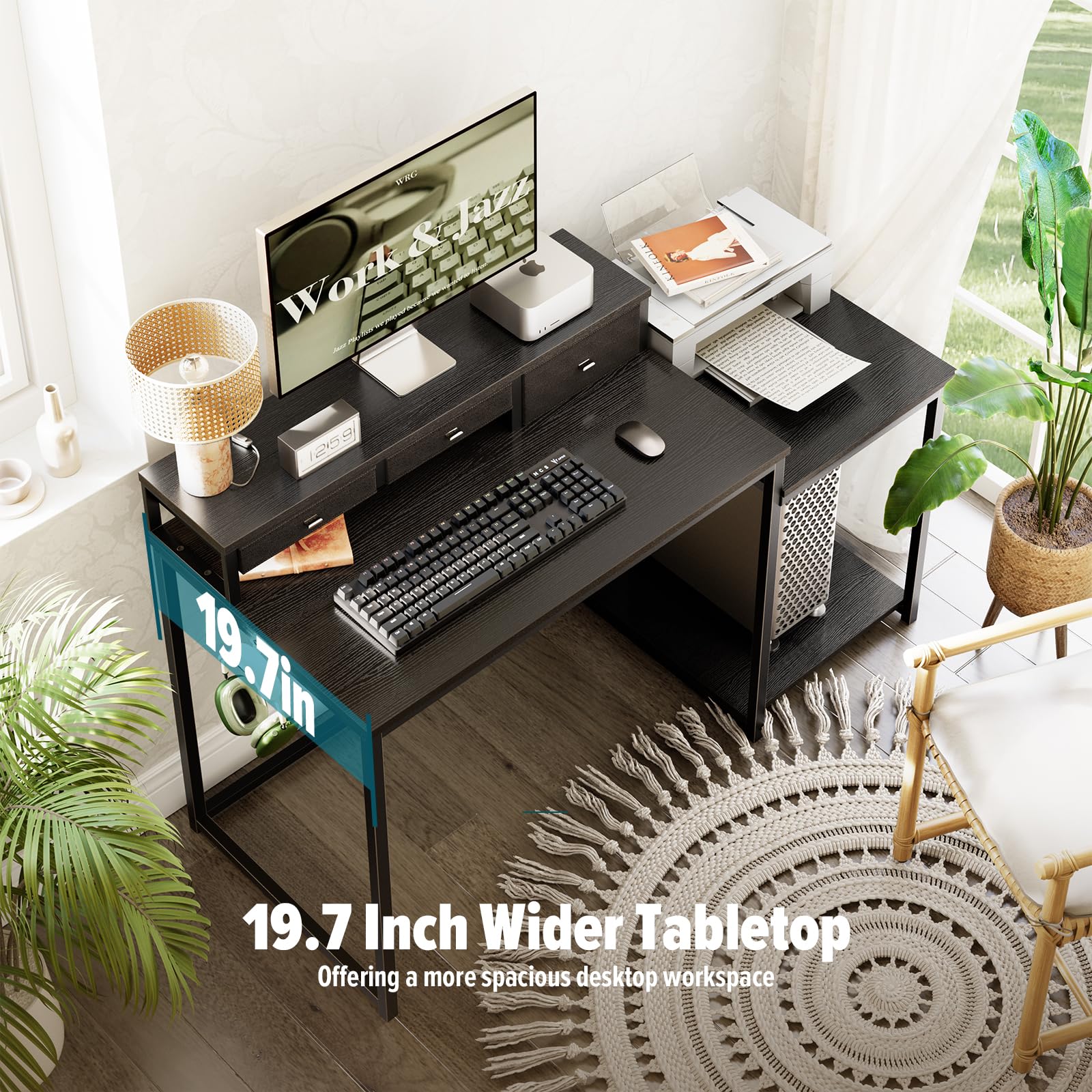 WOHOMO 120cm Computer Desk with 3 Drawers, Printer Shelf and Monitor Stand
