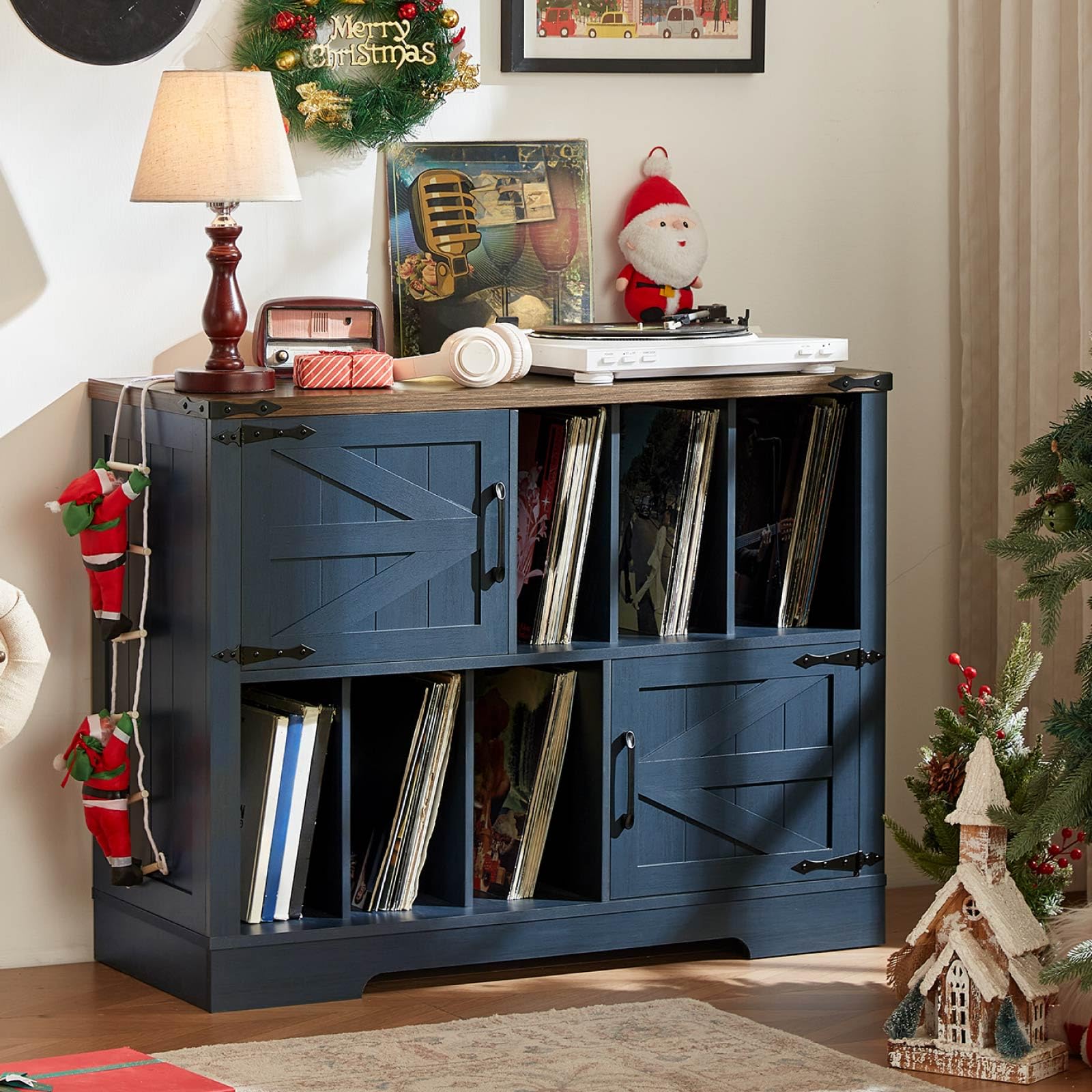 LELELINKY Record Player Stand with Storage, 1m Farmhouse Vinyl Cabinet