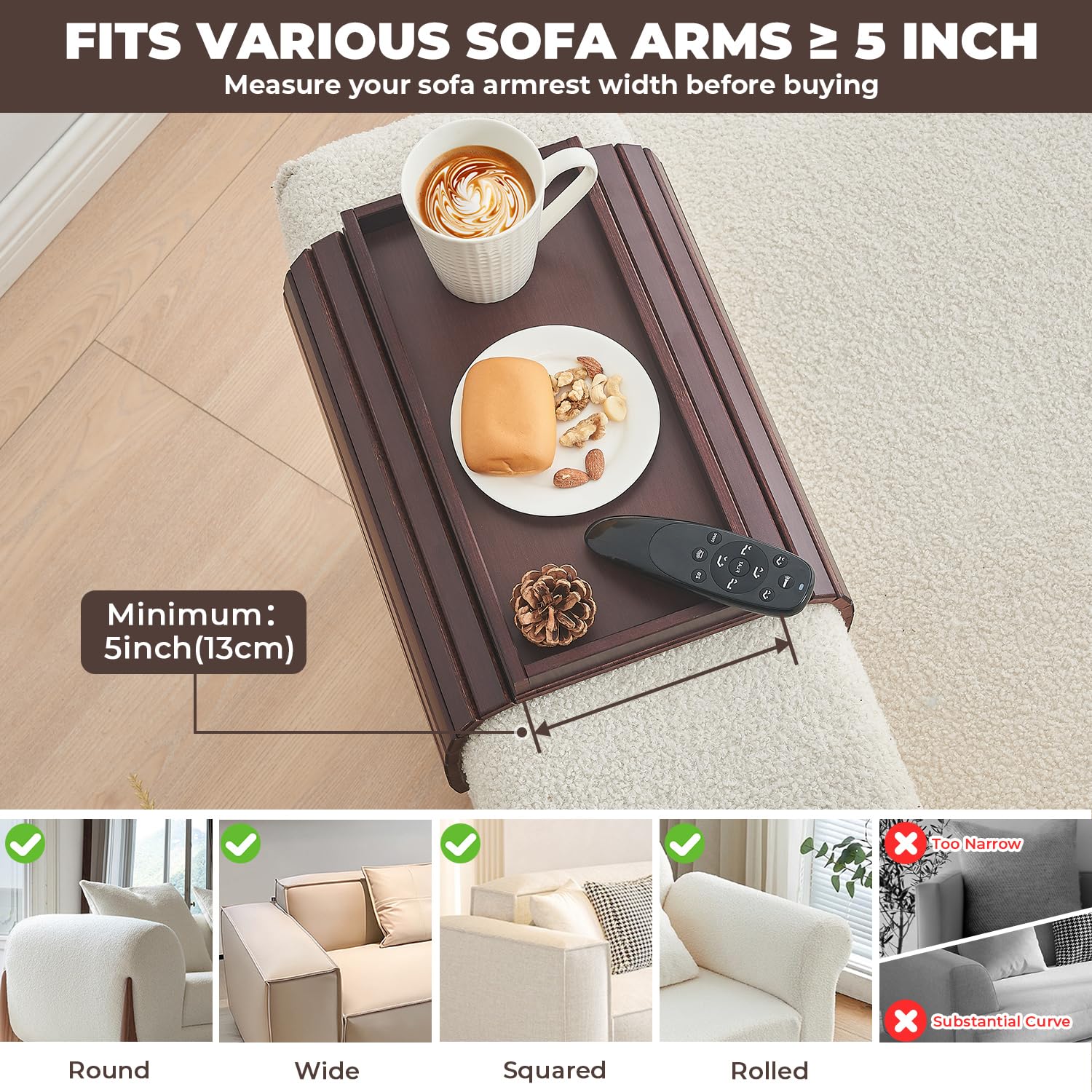 LOVYANXUE Bamboo Sofa Arm Tray, Anti Falling Couch Arm Tray Table, Foldable Couch Armrest Table, Portable Sofa Armrest Trays Cup Holder for Drink
