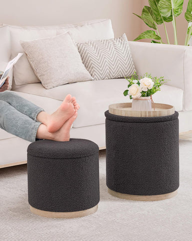 Bonlife Set of 2 Round Ottoman with Tray, Vanity Stool with Storage
