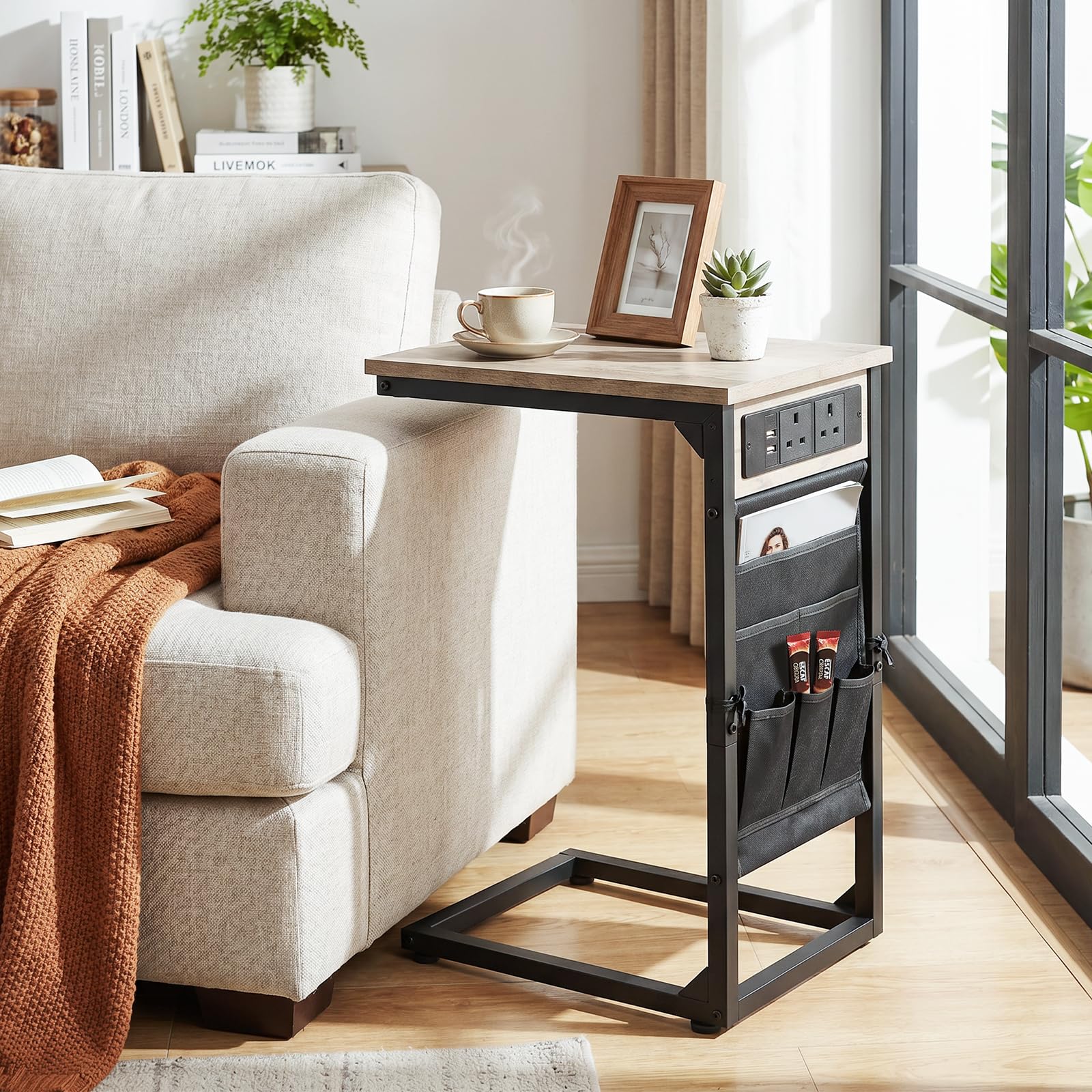 AMHANCIBLE C-Shaped Side Table with Charging Station, Side Table Set of 2