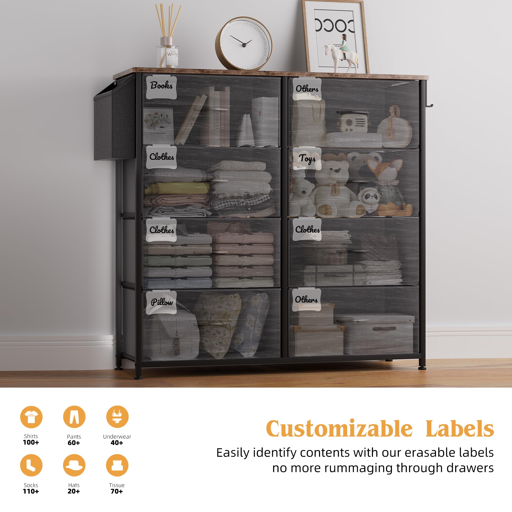 PURFINO Fabric Chest of Drawers - Canvas Storage Unit with 8 Large Drawers, Label Cards, Side Pocket & Hook for Living Room, Hallway, Bedroom