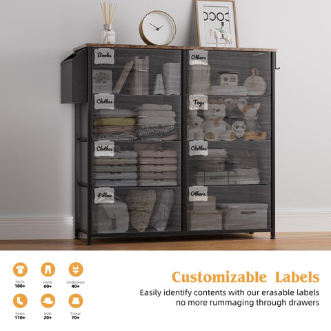 PURFINO Fabric Chest of Drawers - Canvas Storage Unit with 8 Large Drawers, Label Cards, Side Pocket & Hook for Living Room, Hallway, Bedroom