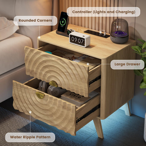 Ripple Led Bedside Table with Charging Station and Human Body Sensor,Nature