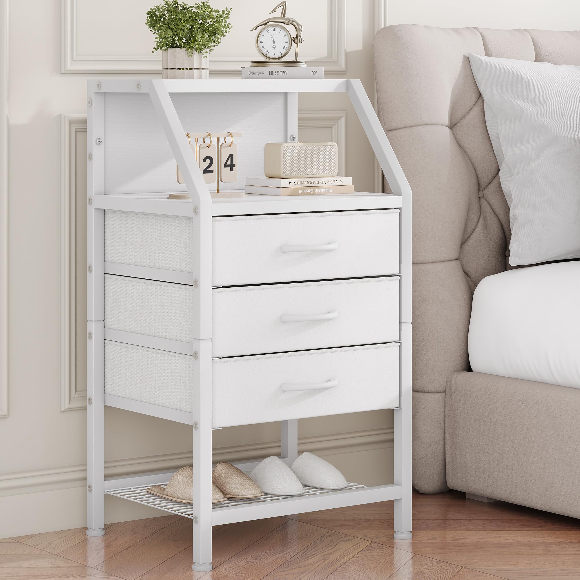 Feonase Bedside Table Wide with 3 Fabric Drawers & Open Shelf Suitable For Bedroom Bed Side Tables, Sofa Side Tables