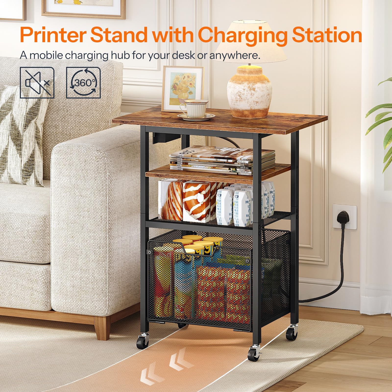 HOOBRO Printer Stand with Charging Station, Rolling Printer Table with File Drawer, 4-Tier Mobile Printer Cart with AC Outlet, Type-C & USB-A Ports