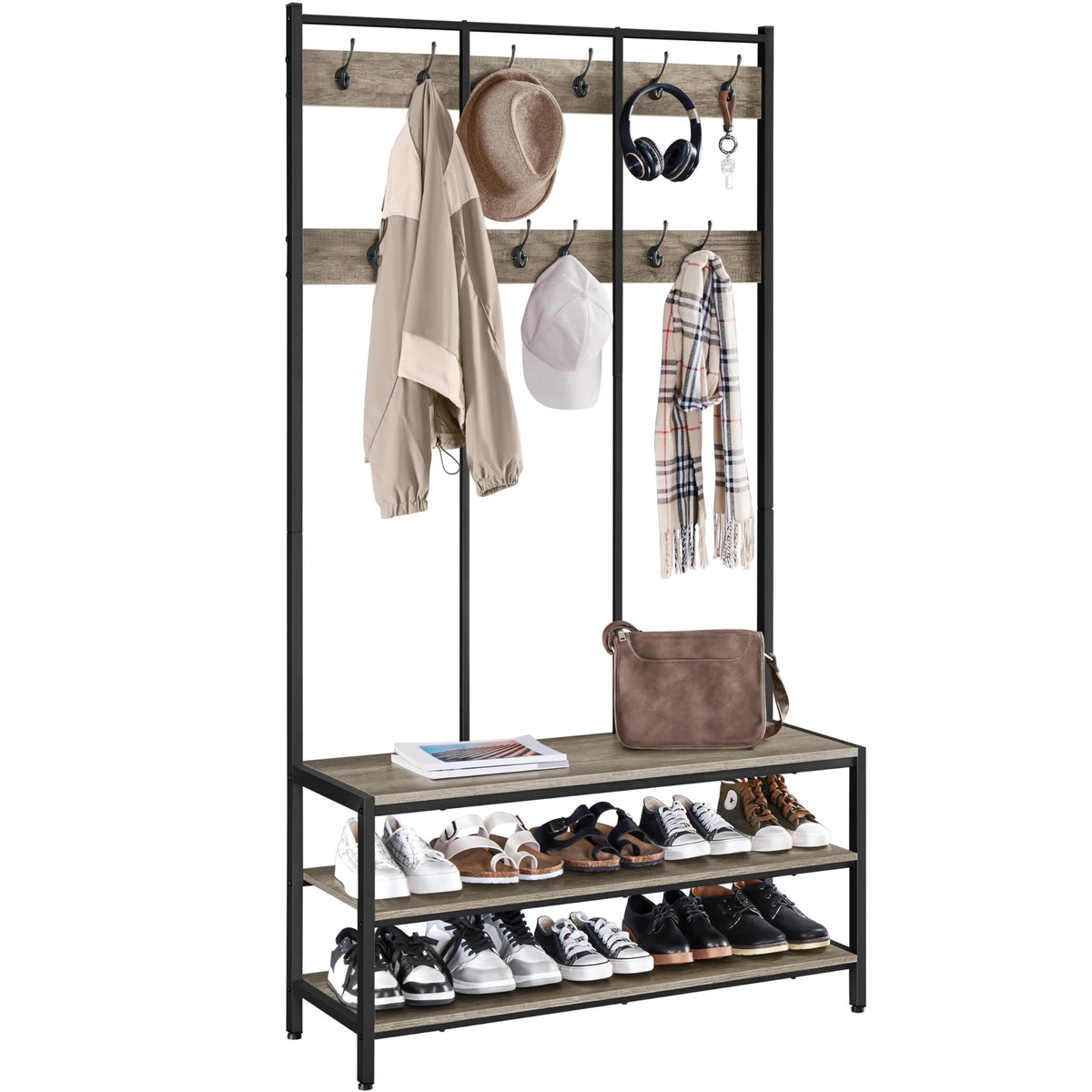 Yaheetech 3-in-1 Hall Tree Coat Rack with Shoe Bench & 24 Hooks, Gray