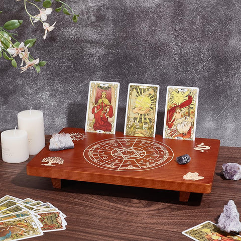 UNICRAFTALE Altar Tables Wooden Small Altar Table 20.3x30.5cm Saddle Brown Meditation Tables Engraved The Twelve Zodiac Rings Tree of Life Pattrns on