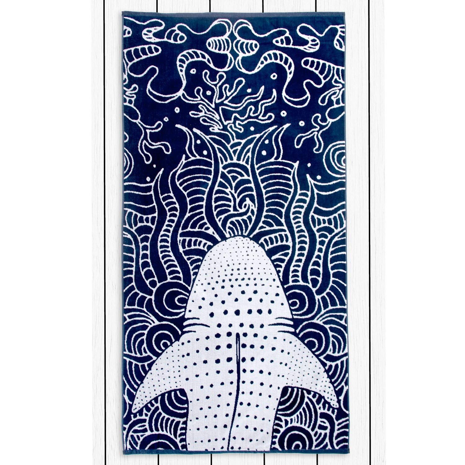 RESTILO Beach Towel Large 90 x 180 cm Cotton Terry Velour Bath Towel Dark Blue Navy Blue White Shark Shark