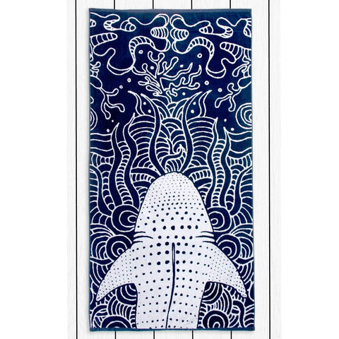 RESTILO Beach Towel Large 90 x 180 cm Cotton Terry Velour Bath Towel Dark Blue Navy Blue White Shark Shark