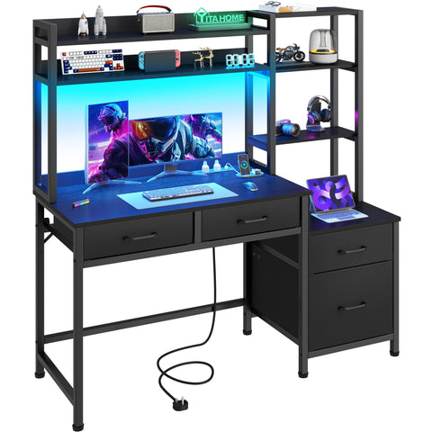 YITAHOME Computer Desk with Drawers LED Power 128cm Home Office Black