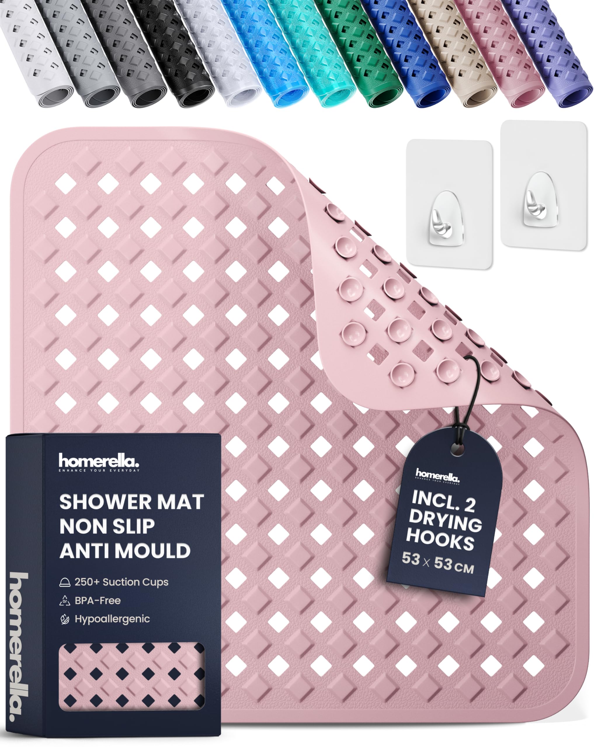 homerella Shower Mat Non Slip Anti Mould 53x53cm, Incl. Hooks for Drying