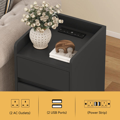 YITAHOME Bedside Table 3 Drawers Charging Station Nightstand Storage Black