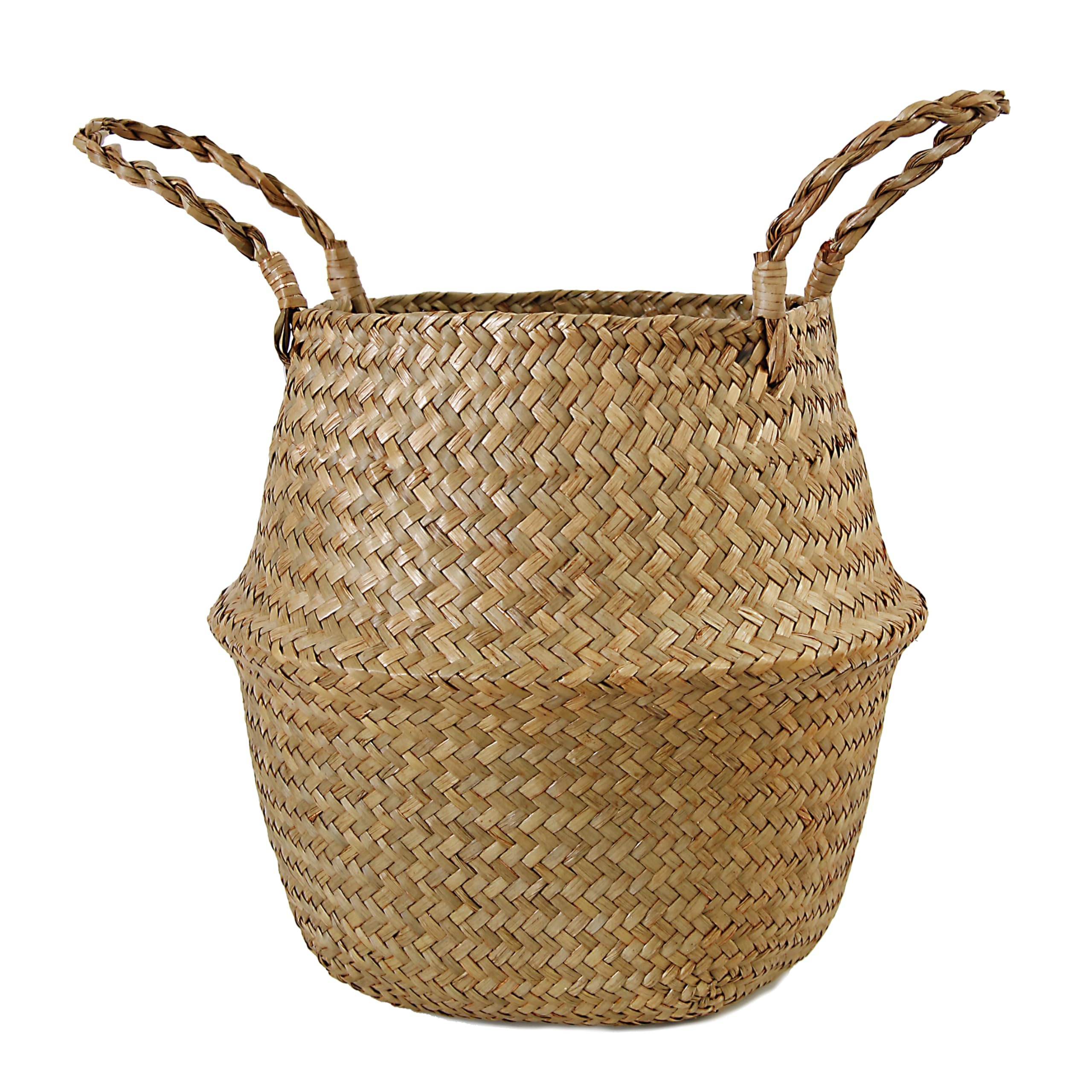 FEILANDUO Seagrass Belly Basket Woven Plant Pot with Handle, Natural Foldable Laundry Toy Storage Baskets for Shelves