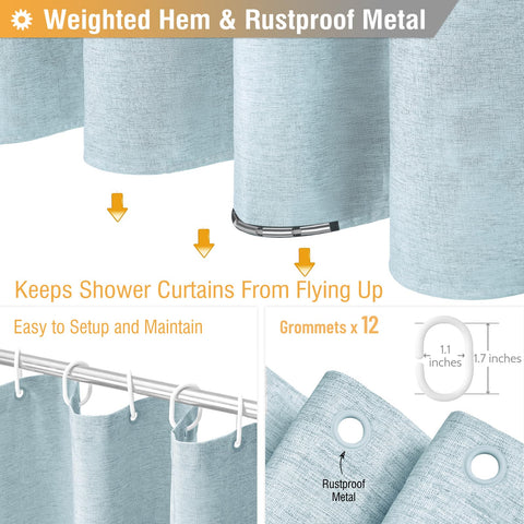 BTTN Long Linen Look Shower Curtain, Waterproof, 182x200cm, Fog Blue