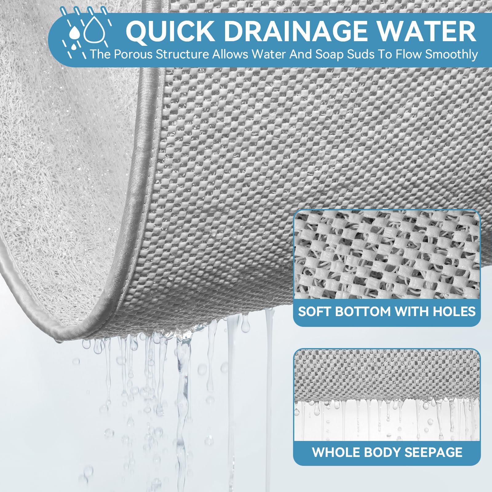 Muecleao Loofah Shower Mat, Non Slip Anti Mould Bath Mats with Reinforced Edge for Inside Shower, Washable Antibacterial Soft PVC Bath Mat with Drain