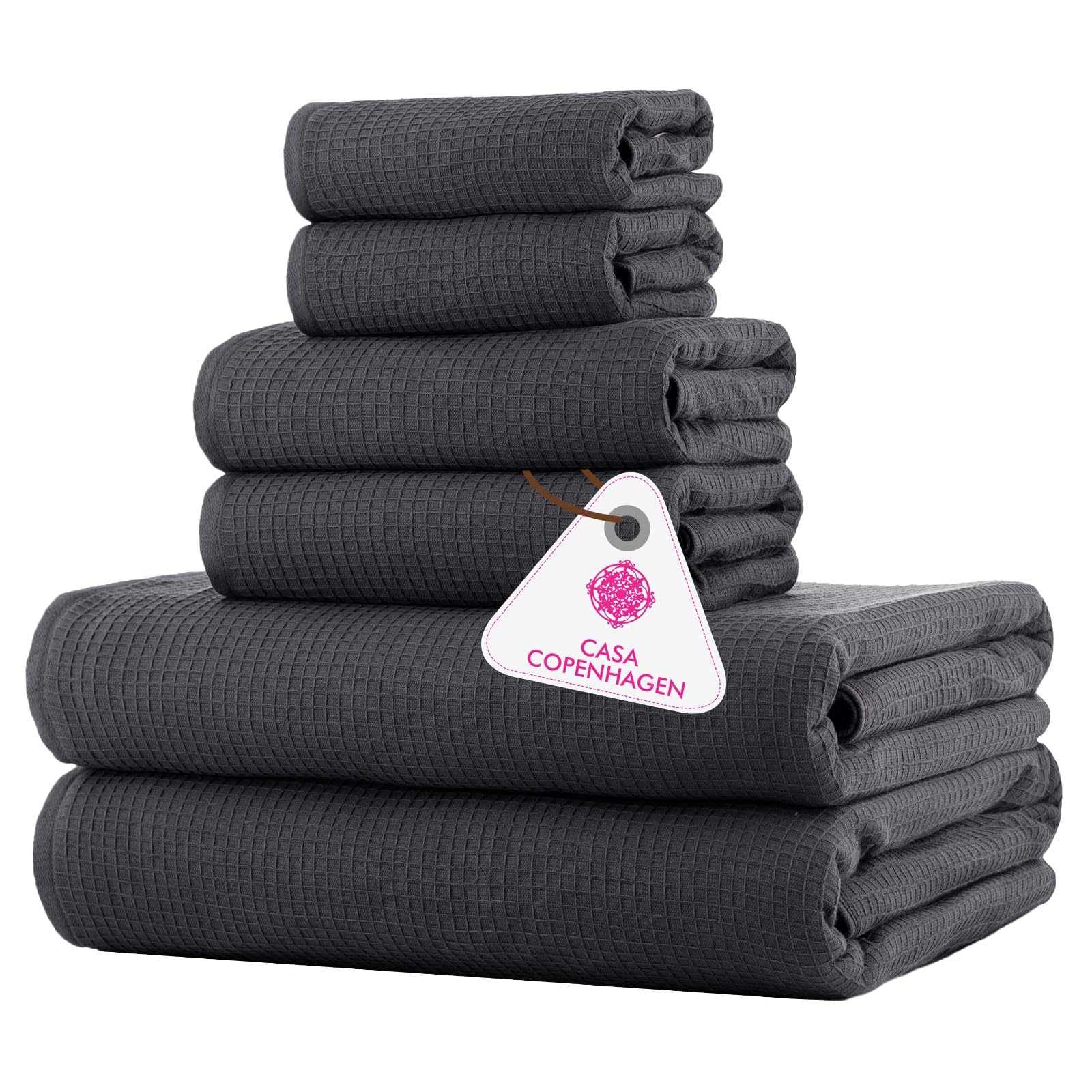 CASA COPENHAGEN Waffle Terry 6-piece set, cotton, extra large, luxurious, fir grey, 2 bath towels XL, 70 x 140 cm, 2 large hand towels, 50 x 80 cm
