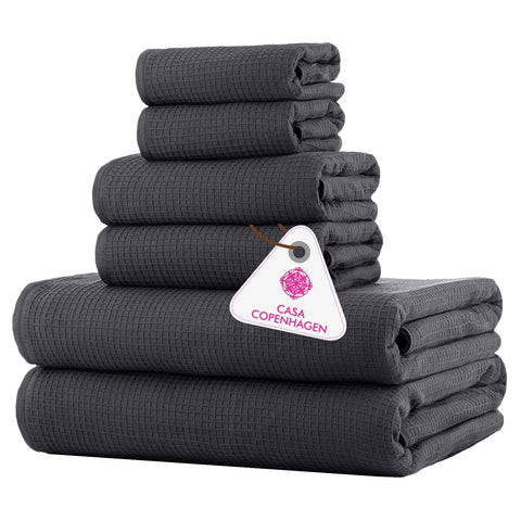 CASA COPENHAGEN Waffle Terry 6-piece set, cotton, extra large, luxurious, fir grey, 2 bath towels XL, 70 x 140 cm, 2 large hand towels, 50 x 80 cm